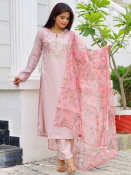 Libas - Women Pink Silk Blend Embroidered Kurta with Pant and Dupatta (Set of 3)