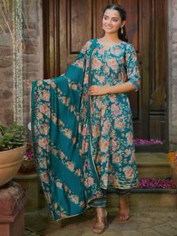 Libas - Women Blue Silk Blend Floral Kurta with Pant and Dupatta (Set of 3)