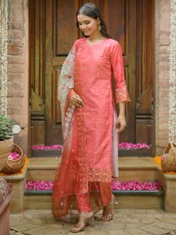 Libas - Women Pink Silk Blend Embroidered Kurta with Pant and Dupatta (Set of 3)