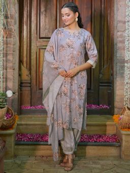 Libas - Women Grey Pure Cotton Floral Kurta with Salwar and Dupatta (Set of 3)