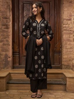 Libas - Women Black Printed Kurta with Pant and Dupatta (Set of 3)