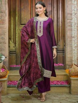 Libas - Women Purple Embroidered Kurta with Pant and Dupatta (Set of 3)