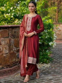 Libas - Women Maroon Embroidered Kurta with Pant and Dupatta (Set of 3)