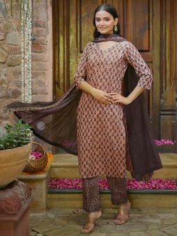 Libas - Women Brown Floral Kurta with Pant and Dupatta (Set of 3)