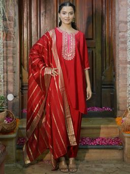 Libas - Women Red Embroidered Kurta with Pant and Dupatta (Set of 3)