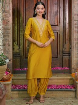 Libas - Women Mustard Embroidered Kurta with Salwar (Set of 2)