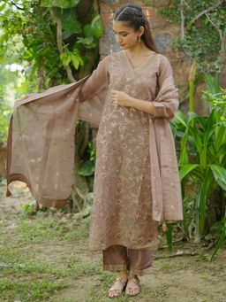 Libas - Women Brown Kurta and Trousers with Dupatta (Set of 3)