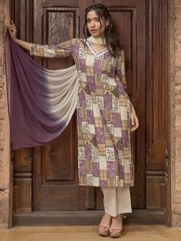 Libas - Women Kurta and Trousers with Dupatta Purple (Set of 3)
