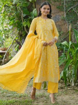 Libas Art - Yellow Floral Embroidered Straight Kurta with Trousers and Dupatta (Set of 3)