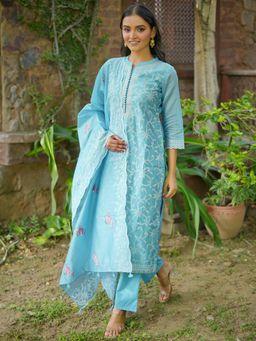 Libas Art - Blue Floral Embroidered Straight Kurta with Trousers and Dupatta (Set of 3)
