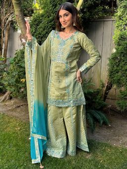 Libas Art - Green Embroidered Silk Blend Kurta with Palazzo and Dupatta (Set of 3)