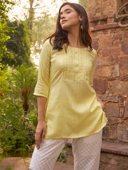 Libas - Yellow Viscose Rayon Yoke Design Kurti