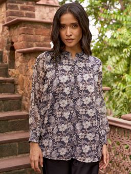 Libas - Grey Floral Printed Front Open Kurti with Lining & A Pleated Style