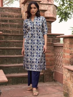 Libas - Blue Floral Printed Straight Cotton Kurta