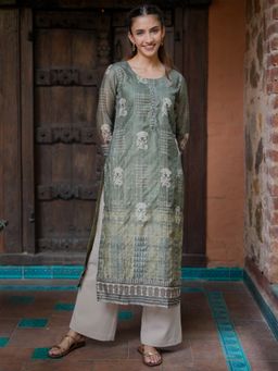 Libas - Olive Chanderi Silk Hand Work Yoke Design Kurta with Lining