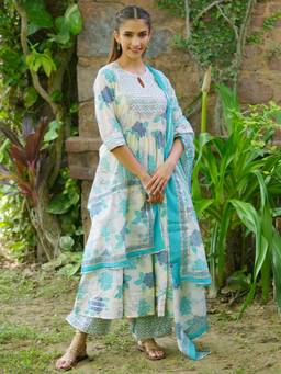 Libas - Women Turquoise Floral Anarkali Kurta with Palazzo and Dupatta (Set of 3)