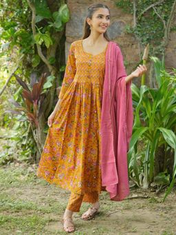 Libas - Women Yellow Floral Flared Kurta with Pant and Dupatta (Set of 3)