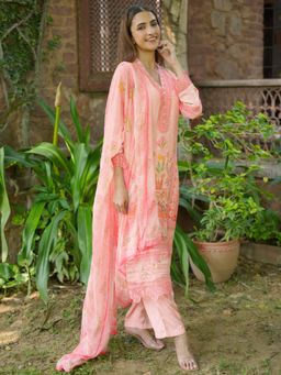 Libas - Women Pink Silk Blend Floral Kurta with Pant and Dupatta (Set of 3)