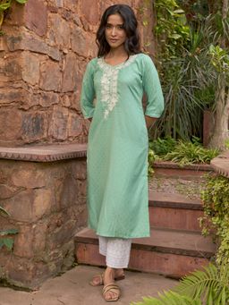 Libas - Women Viscose Rayon Green Embroidered Kurta
