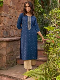 Libas - Women Cotton Blue Embroidered Kurta