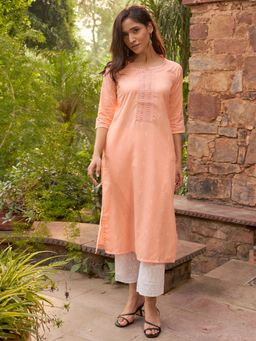 Libas - Women Cotton Peach Embroidered Kurta