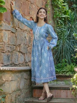 Libas - Blue Floral Printed Cotton Dress with Pocket & Waistbelt with A Pleated Style