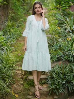 Libas - Sea Green Floral Cotton Midi Dress with Lining & A Panelled Style with Laces