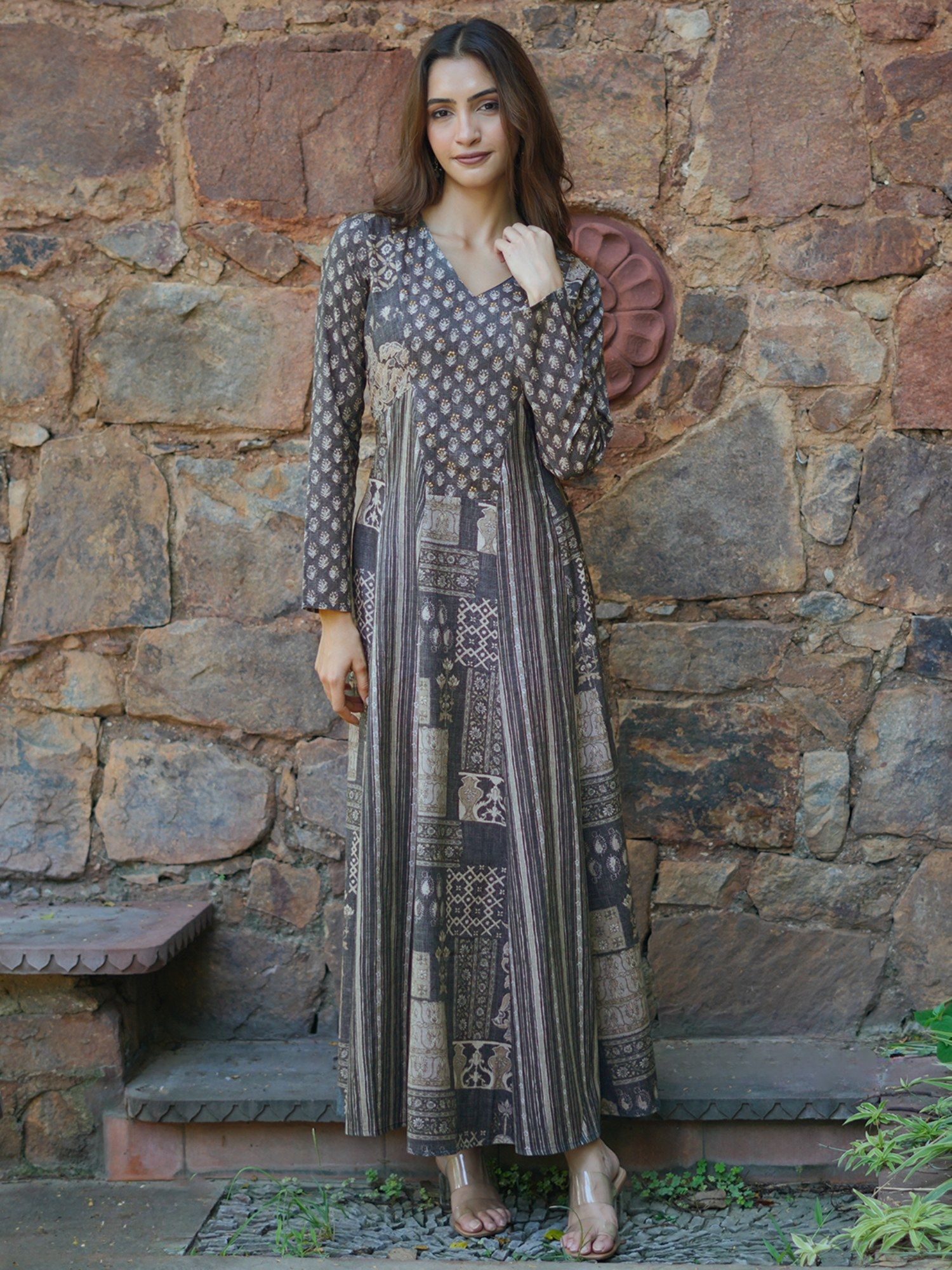 Buy Libas Grey Floral Printed Panelled A-Line Maxi Dress (XS) Online