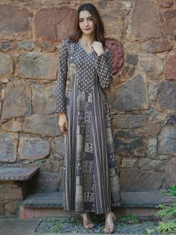 Libas - Grey Floral Printed Panelled A-Line Maxi Dress