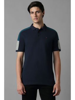 Louis Philippe - Men's Navy Blue Solid Polo Neck T-Shirt