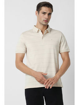 Van Heusen - Men's Beige Stripe Polo Neck T-Shirt