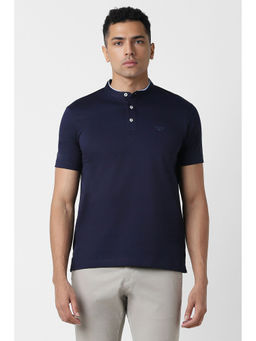 Van Heusen - Men's Navy Blue Solid Mandarin Neck T-Shirt