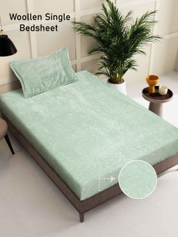 FABINALIV - Green Solid Wollen Single Bedsheet with Pillow Cover