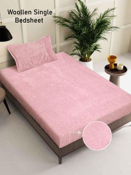 FABINALIV - Pink Solid Wollen Single Bedsheet with Pillow Cover