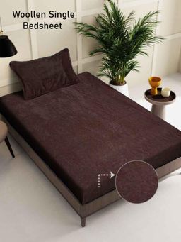 FABINALIV - Brown Solid Wollen Single Bedsheet with Pillow Cover