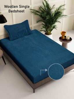 FABINALIV - Blue Solid Wollen Single Bedsheet with Pillow Cover
