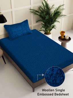 FABINALIV - Blue Floral Wollen Single Bedsheet with Pillow Cover