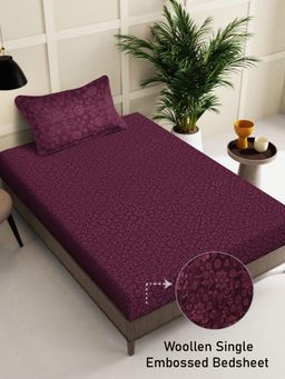 FABINALIV - Wine Floral Wollen Single Bedsheet with Pillow Cover (Pack of 2) (Single)