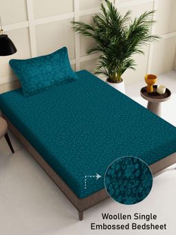 FABINALIV - Green Floral Wollen Single Bedsheet with Pillow Cover (Pack of 2) (Single)