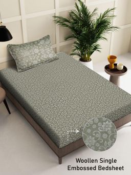 FABINALIV - Grey Floral Wollen Single Bedsheet with Pillow Cover
