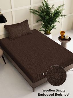 FABINALIV - Brown Floral Wollen Single Bedsheet with Pillow Cover