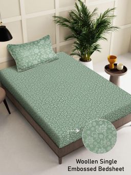 FABINALIV - Green Floral Wollen Single Bedsheet with Pillow Cover