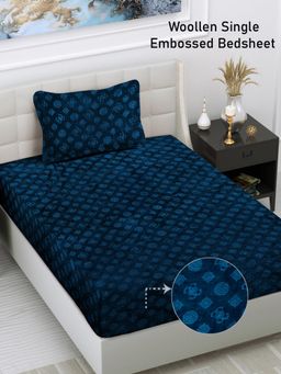 FABINALIV - Blue Geometric Wollen Single Bedsheet with Pillow Cover (Pack of 2) (Single)
