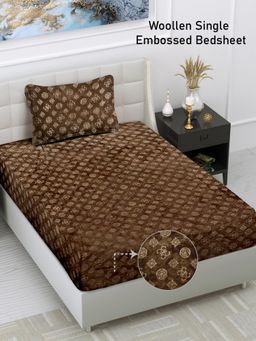 FABINALIV - Brown Geometric Wollen Single Bedsheet with Pillow Cover