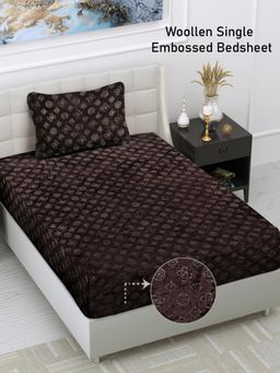 FABINALIV - Brown Geometric Wollen Single Bedsheet with Pillow Cover