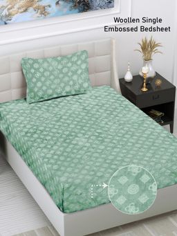 FABINALIV - Green Geometric Wollen Single Bedsheet with Pillow Cover (Pack of 2) (Single)