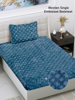 FABINALIV - Blue Geometric Wollen Single Bedsheet with Pillow Cover (Pack of 2) (Single)