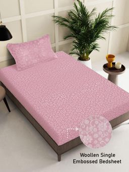 FABINALIV - Pink Floral Wollen Single Bedsheet with Pillow Cover