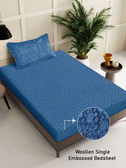 FABINALIV - Blue Floral Wollen Single Bedsheet with Pillow Cover