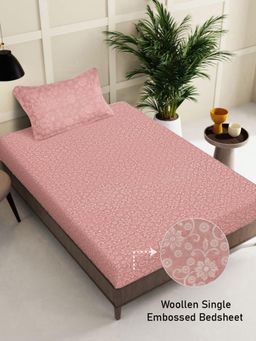 FABINALIV - Peach Floral Wollen Single Bedsheet with Pillow Cover (Pack of 2) (Single)
